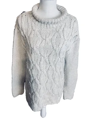 H&M Chunky Cable Knit Roll Neck Sweater Oatmeal Cream Women’s Size L Wool Alpaca thumbnail 1