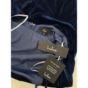 LULUS Happiest Hour Dark Blue Velvet Asymmetrical Bodycon Midi Dress -Sz S- NWT thumbnail 2