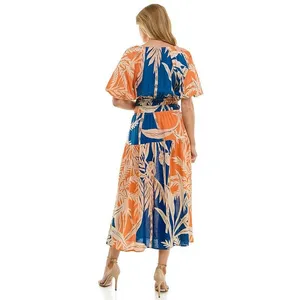 FIG + FLOWER‎ Women Dress Large Tropical Leaf Print Smocked Orange Boho Resort thumbnail 6