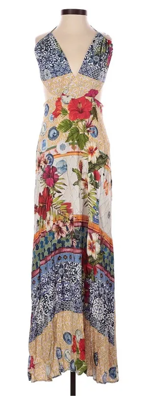 Farm Rio tropical patchwork boho festival halter maxi dress Small thumbnail 1