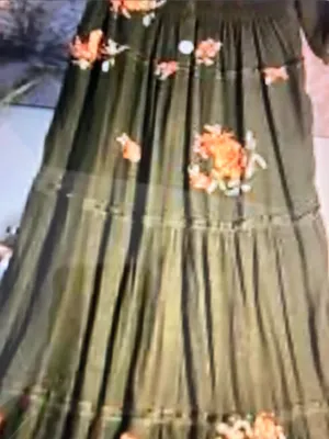 Olive Green embroidered Floral Tiered Maxi distressed waist smocked Skirt thumbnail 1