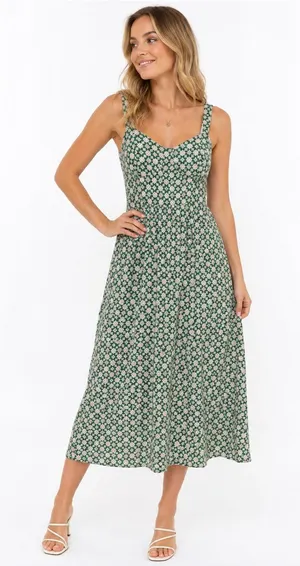 As You Wish Green Floral Midi Dress XL Cottagecore Rayon Sundress Tie 2 Ways thumbnail 1