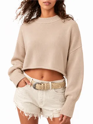 GAP Beige 100% Cotton Cropped Knit Sweater Roll Hem Long Cuffs M thumbnail 1