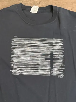 Fruit of the Loom Black Short Sleeve Tee with White Line Graphic and Cross thumbnail 2