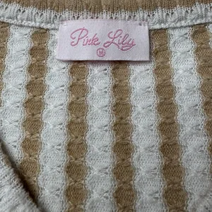 Pink Lily Tan White Striped Oversized Sweater Medium Boxy Coastal Grandmother thumbnail 9