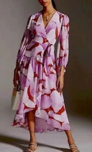 Hutch Purple Red Botanical Leaf Print Wrap Maxi Dress Long Balloon‎ Sleeve L thumbnail 1