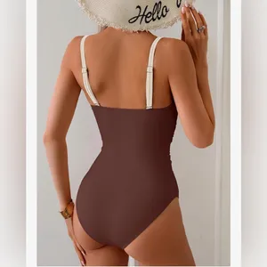 Stylish Cream and Brown Cutout Swimsuit thumbnail 2