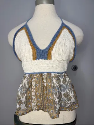 American Eagle Outfitters Cream Crochet Halter Top with Blue & Tan Accents thumbnail 1