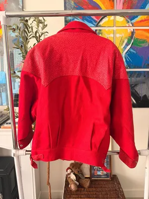 80’s Style Women’s Vintage Red Suede Leather Bomber Jacket Size Large thumbnail 3