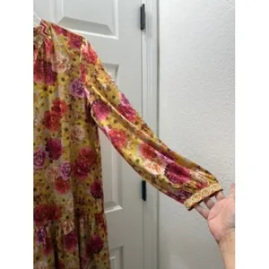 Current Air Los Angeles Floral Tiered Midi Dress Yellow Pink V-Neck Size‎ L thumbnail 8