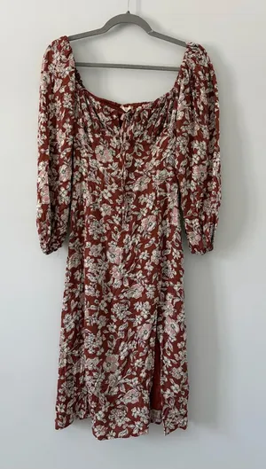 Altar’d State Rust Brown White Floral Peasant Square Neck Long Sleeve Midi Dress thumbnail 1