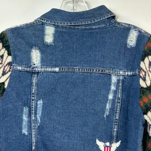 Free People Distressed Denim Jacket Fair Isle Wool Knit Sleeves Blue Small thumbnail 7