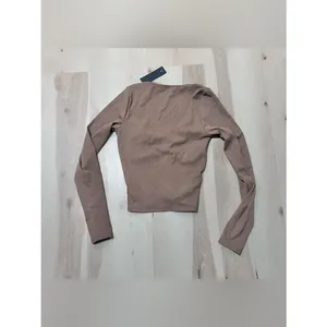 Lulus NWT Women Small Brown Ribbed Long Sleeve Twist-Front Top Fall Minimalist thumbnail 4