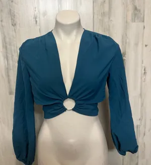 SHEIN Teal Blue O-Ring Long Sleeve Crop Top Womens Size Small S Wrap Tie Back Bl thumbnail 1