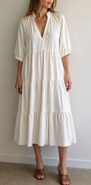 Amanda Uprichard Saffron Ivory Tiered Midi‎ Dress Ruffle Neck Small Coastal thumbnail 1