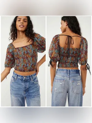 Free People Floral Puff-Sleeve Crop Top in Multi Colors thumbnail 3