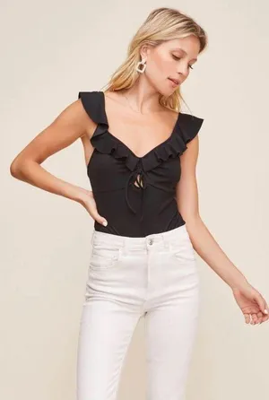 ASTR the Label Black Ribbed Bodysuit with Ruffle Sleeves and Front Cut O… thumbnail 7