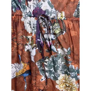 Hemant‎ & Nandita Floral Tiered Dress Women 6 Rust Orange V-Neck Long Sleeve thumbnail 4