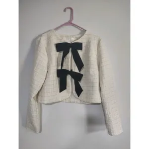 Line & Dot Kinzie Top, ivory cropped tweed jacket. Bow Detail Cropped Wool Poly thumbnail 7