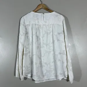 LOFT Floral Jacquard Burnout Blouse White Romantic Pintuck Yoke Top Size M thumbnail 3