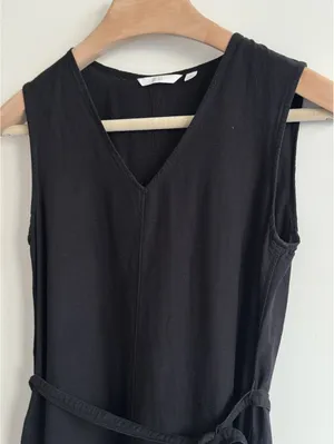 UNIQLO Linen Blend A-Line Midi Dress Black Sleeveless Tie Waist Size S thumbnail 11