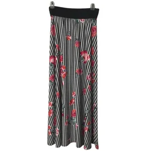 Maximalist Black White Striped Maxi Skirt Womens S Pink Floral Flowy Retro Flare thumbnail 4