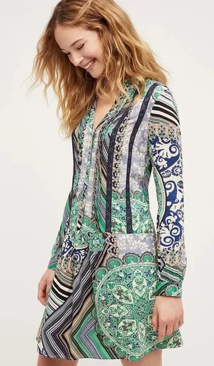 TINY Anthropologie XS Caviana Shirt‎ Dress Blue Paisley Women’s Boho Long Sleeve thumbnail 1