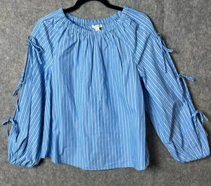 Free Assembly Woman Size Small Gathered Neck Top Long Tie sleeve Blue Stripe Nwt thumbnail 1