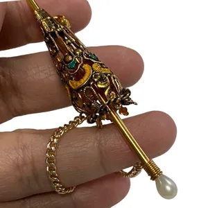 Vintage Umbrella Enamel Parasol Pin Brooch Gold Toned Damascene Pearl Handle thumbnail 4