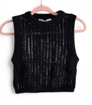 Zara Black Open-Knit Top Crochet Vest Cropped Layering Casual Women’s Size Small thumbnail 1