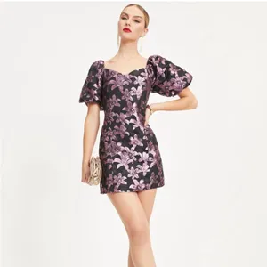 Finer Things In Life Floral Puff Sleeve Mini Dress Purple and black metallic thumbnail 2