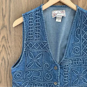 Anthropologie Vintage Embroidered Geometric Denim Western Sleeveless Vest Blue L thumbnail 8