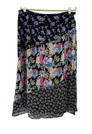 Requirements Black midi Skirt with Purple Pink Blue Floral Patchwork L romantic thumbnail 1