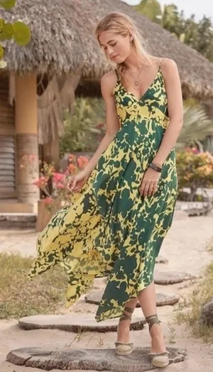 Sundance Soliloquies Dress M Citron Yellow Green Floral Asymmetrical Boho Resort thumbnail 1