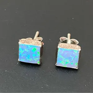 925 Sterling Silver Blue Opal Square Small Stud Earrings thumbnail 4