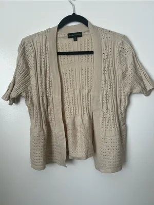 Open-Front Short-Sleeve Cardigan in Beige thumbnail 2