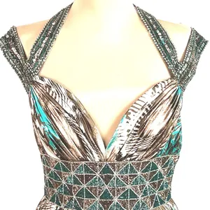 Animal Print Maxi Dress S Beaded Halter Brown Teal Flowy Mobwife Charmeuse thumbnail 3