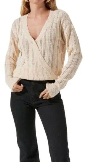 New ASTR Faux Wrap Pointelle Knit Long Sleeve Sweater Top Pullover Cream L thumbnail 1
