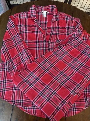 Victoria's Secret Plaid PJ Pajama Set Size XLarge Red Pink Drawstring Button up thumbnail 1