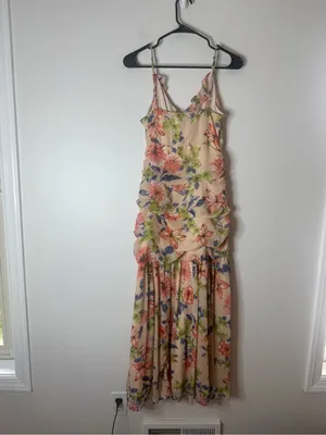 Lulus Stunning Soiree Blush Pink Floral Print Ruched Midi Dress small thumbnail 5