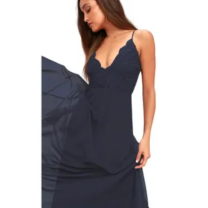 NWT LULU’s Women’s Navy Blue Chiffon Lace Maxi Full Length Dress Gown thumbnail 3