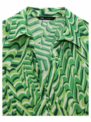 ZARA Printed Shirt Dress Green Mini Dress Size Large thumbnail 3