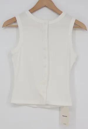Matunana Womens Ribbed Tank Top White Button Back Sleeveless Crew Neck Small NEW thumbnail 1