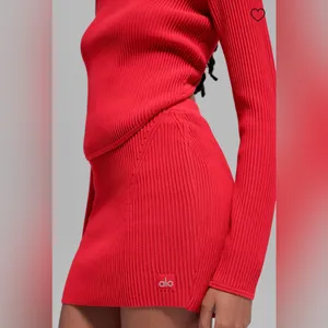 ALO Yoga NWT Denim Knit High Waist Skirt Bright Red Size XS thumbnail 2