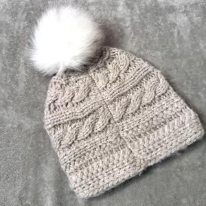 L.L.Bean Cable Knit Pom Beanie Hat One Size Unisex Adult Taupe Faux Fur 505452 thumbnail 3