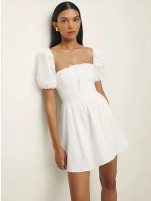 NWT Reformation MALVINA LINEN Puff Sleeve Mini DRESS 10, WHITE thumbnail 2