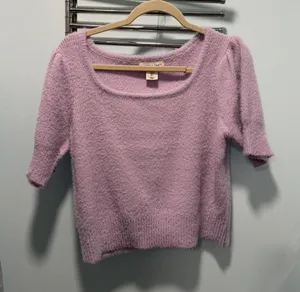 Happily Grey Fuzzy Knit Top Lavender Large Puff Sleeve‎ Feminine Casual Office thumbnail 1