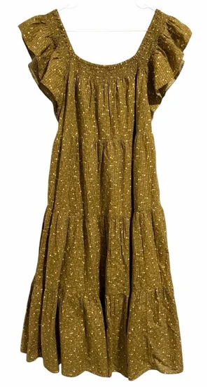 Madewell Ruffle-Sleeve Tiered Midi Dress in Daisy Stitch Weathered Olive Size L thumbnail 1