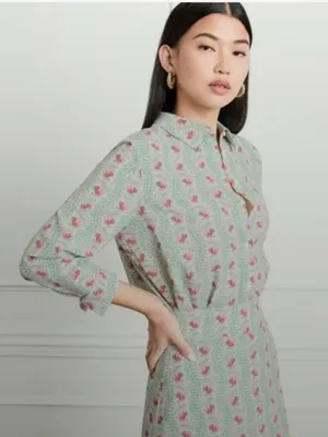 HILL HOUSE (NWT) The James Button-Down Shirt in Floral Vine, Mint/Coral, Size S thumbnail 1