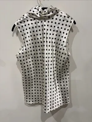 Nine West Black and White Polka Dot Satin Blouse with Tie Neck Size L thumbnail 4